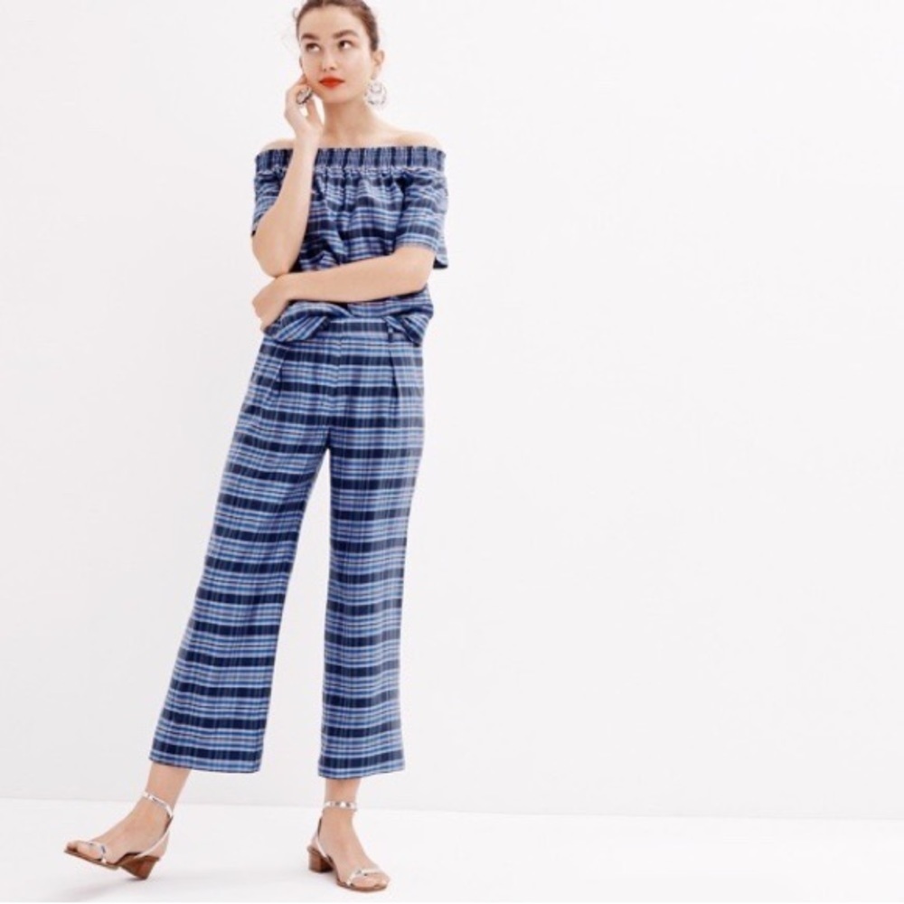 J. Crew Silk Blue Plaid Wide Leg Pant - Picture 2 of 8